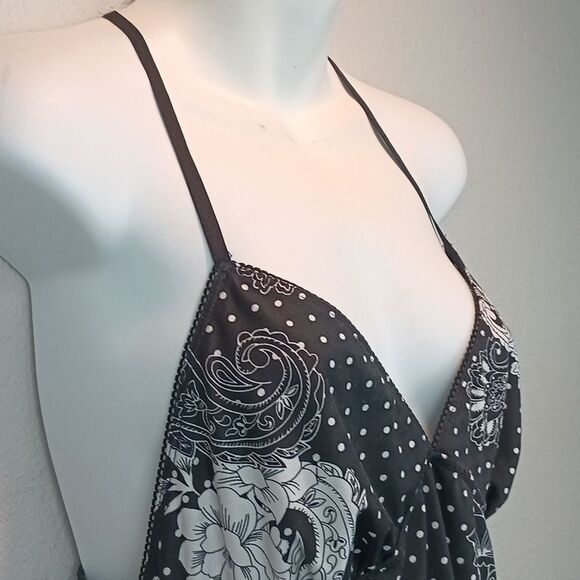 Black and White Polka Dot / Floral Lace V Neck Halter Night Slip Dress Sz L - Picture 3 of 9